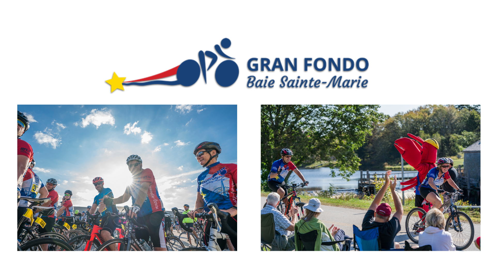 Two images of cyclists during the 2019 Gran Fondo Baie Sainte-Marie and the Gran Fondo Baie Sainte-Marie logo.