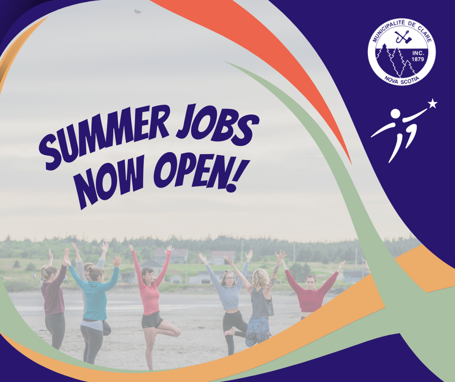 People doing yoga on Mavillette Beach with some design elements over the photo and the text "Summer jobs now open!" 